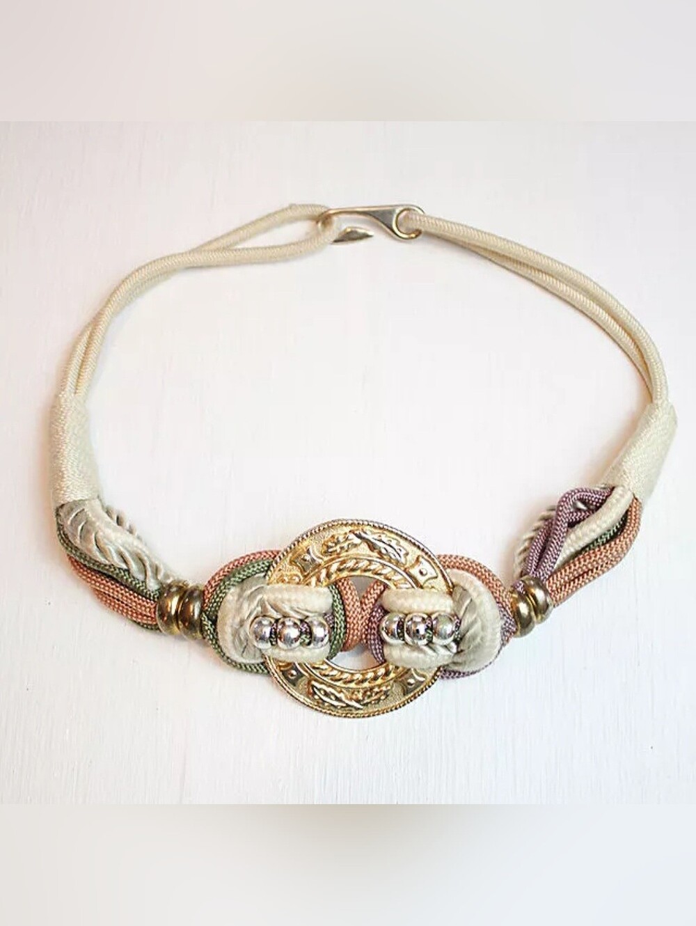 Neutral Multicolor Cord Belt with Large Gold Medallion